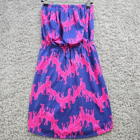 Lilly Pulitzer Windsor Dress Womens XS Blue Pink Giraffe Strapless Mini Beach - Picture 1 of 11